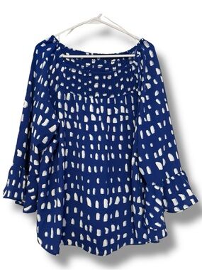 Ava & Grace Navy Blue Peasant Blouse White Brushstroke Print & smocking